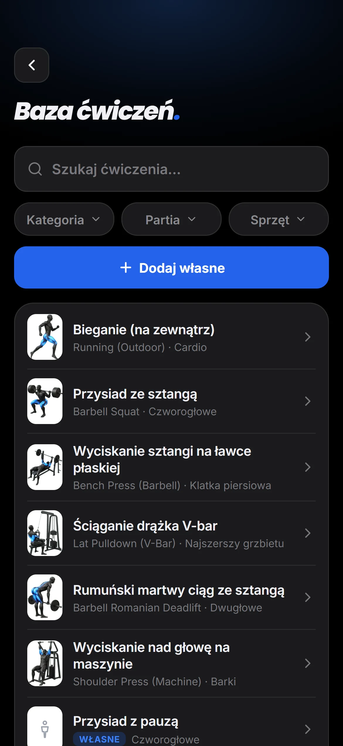 Baza ćwiczeń z wyszukiwarką i filtrami
