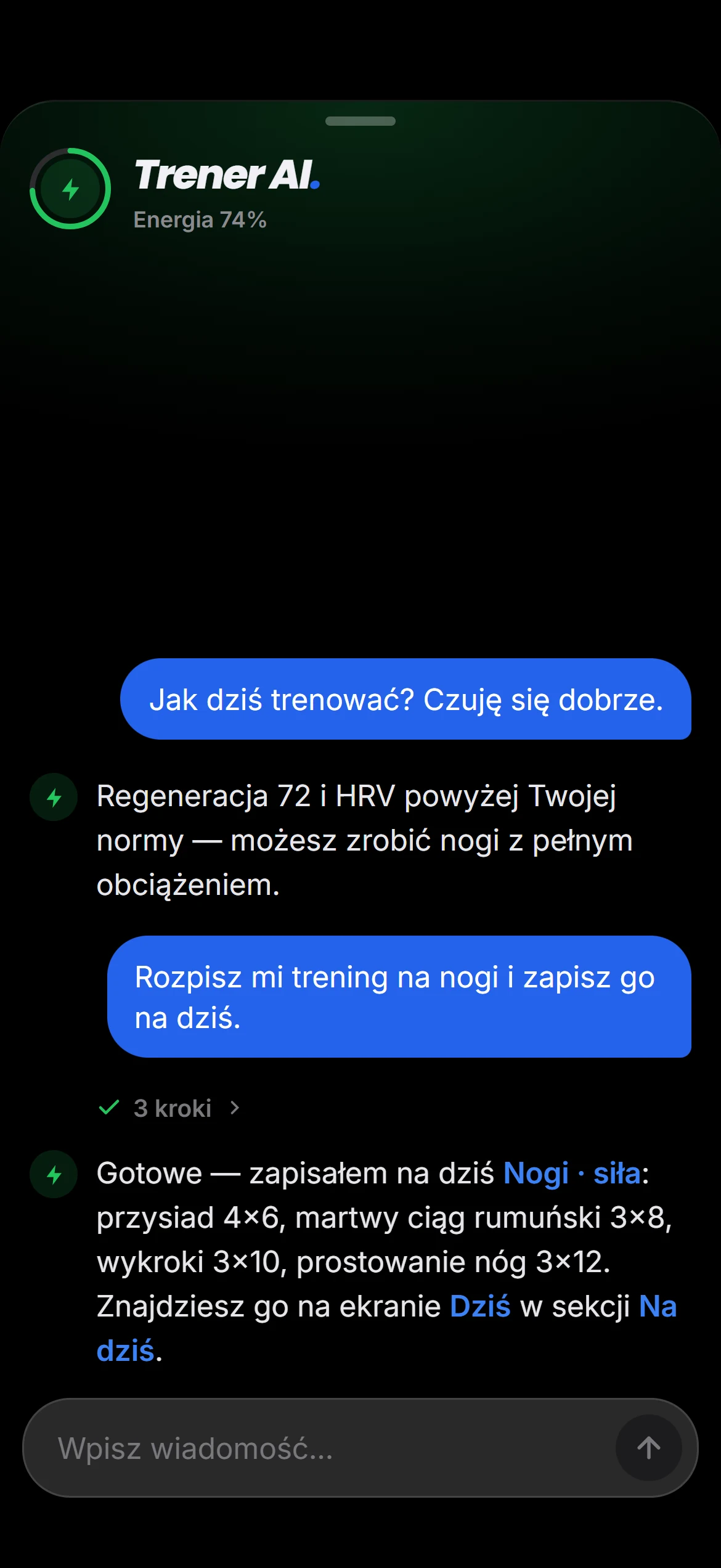 Rozmowa z Trenerem AI: prośba o trening na nogi i odpowiedź z gotową sesją zapisaną na dziś