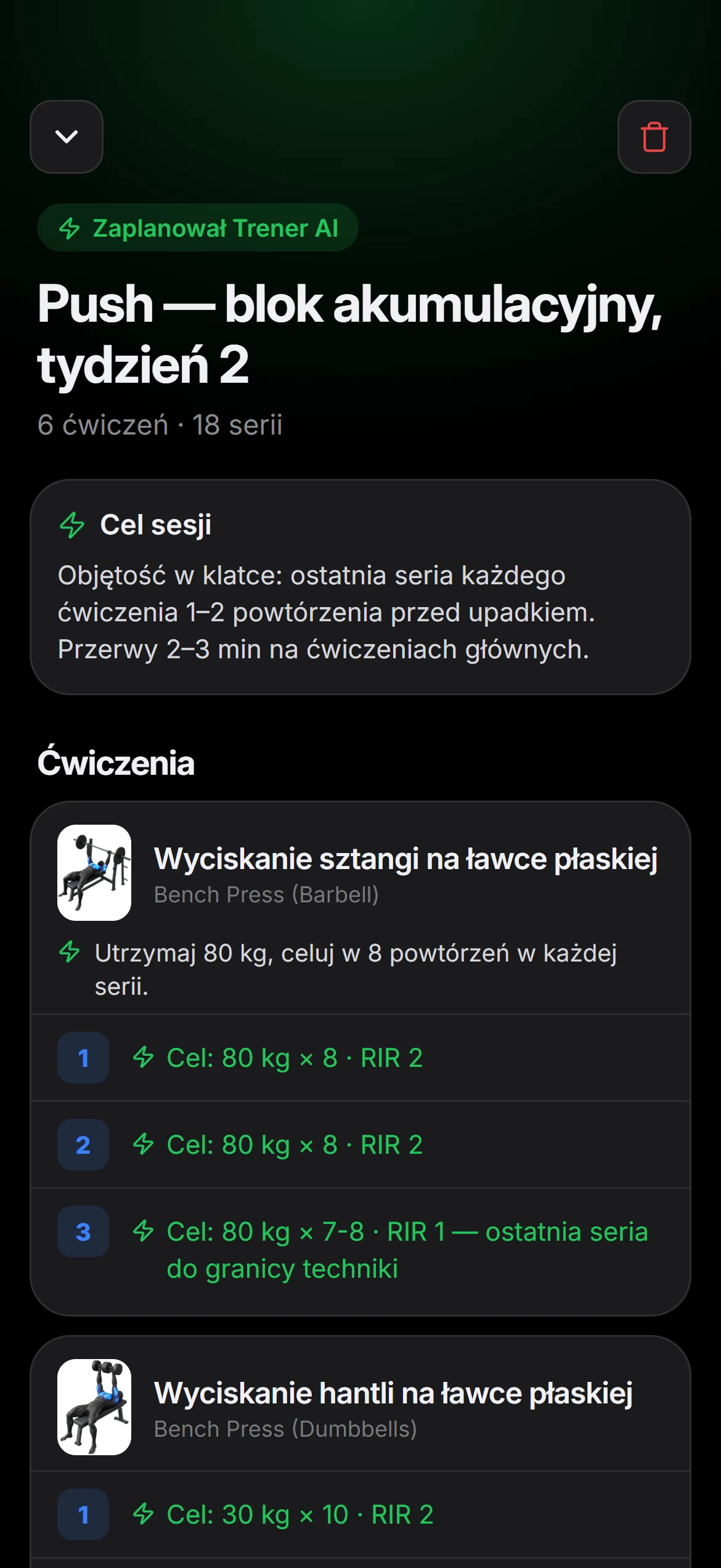 Plan sesji od Trenera AI: cel sesji i ćwiczenia z celem na każdą serię