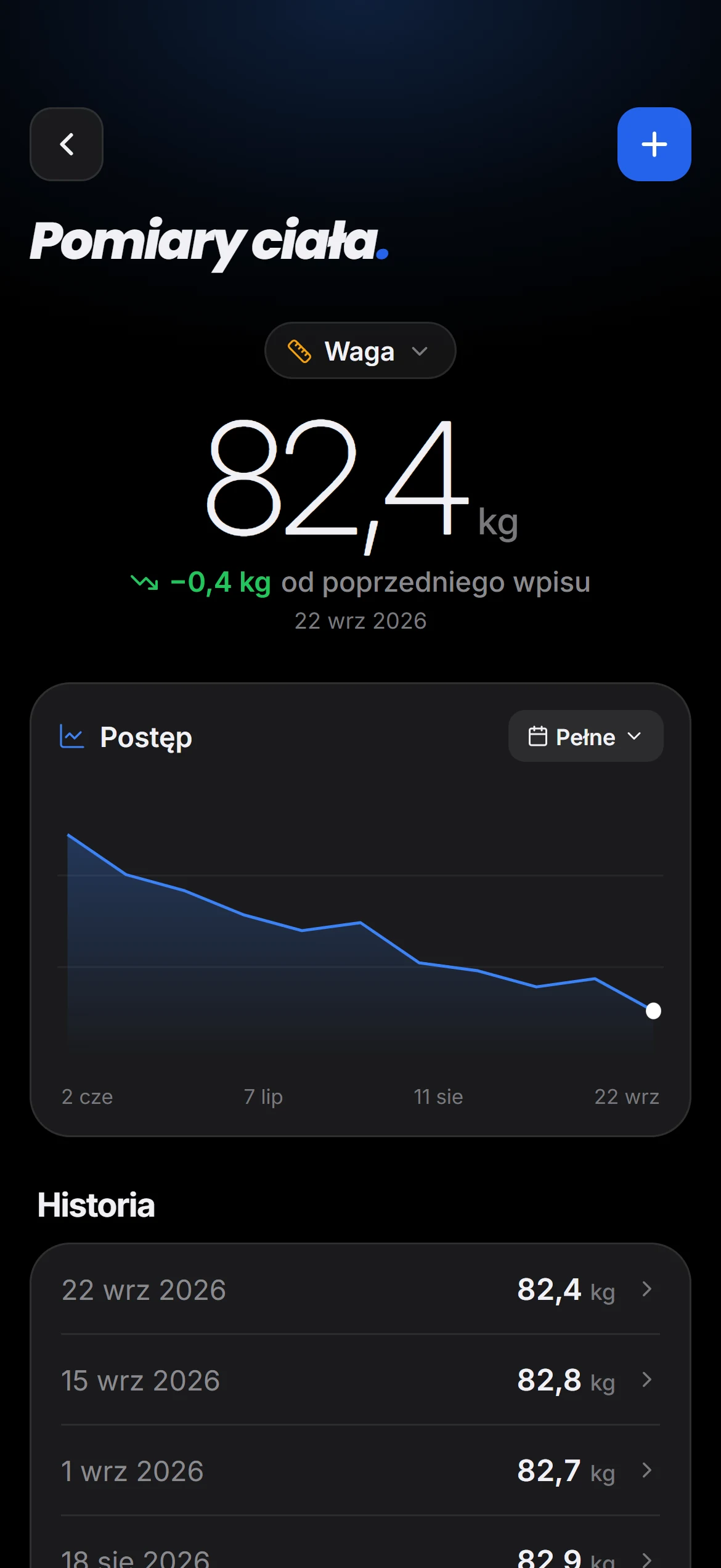 Pomiary ciała: waga, wykres postępu i historia wpisów