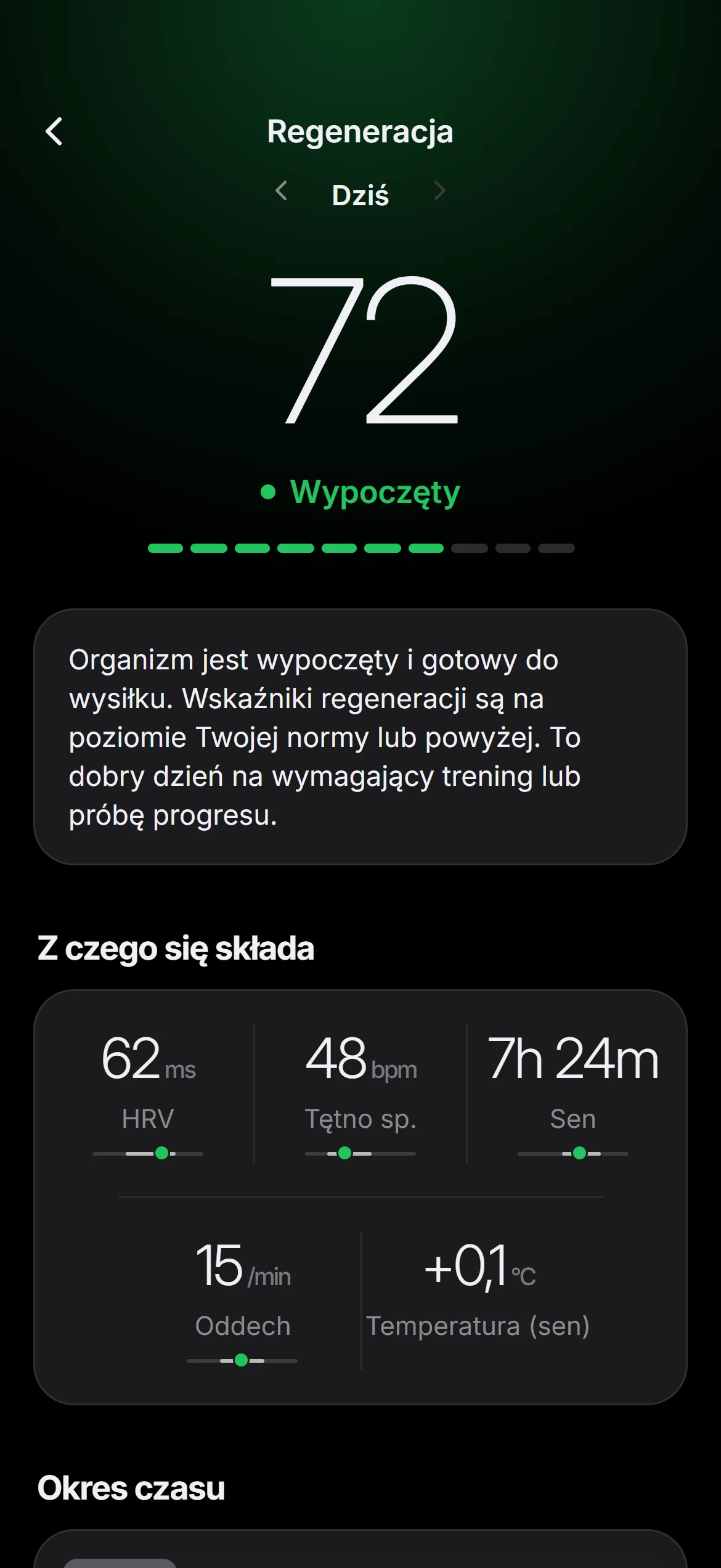 Szczegóły regeneracji: wynik 72 i wskaźniki, z których się składa