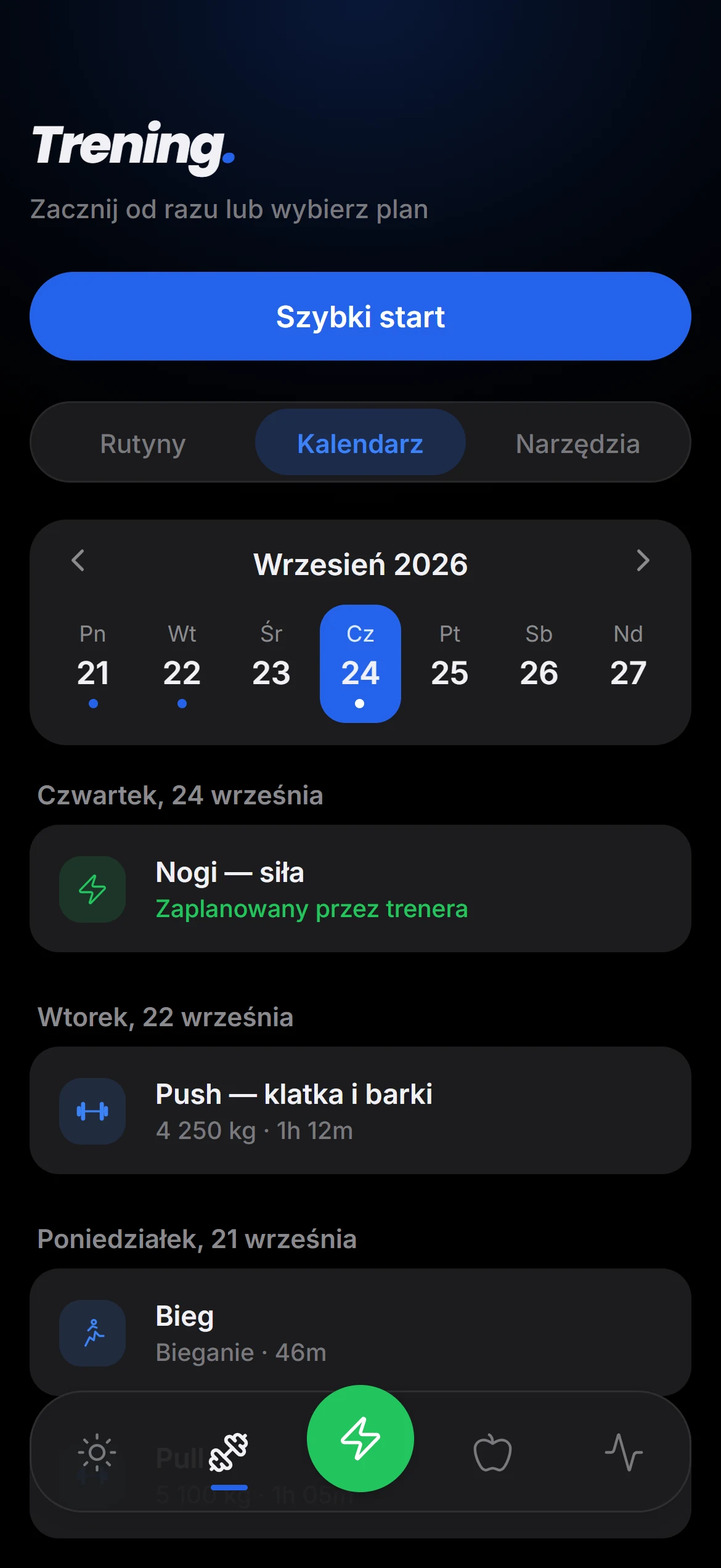 Kalendarz treningów z sesją Nogi — siła zaplanowaną przez trenera