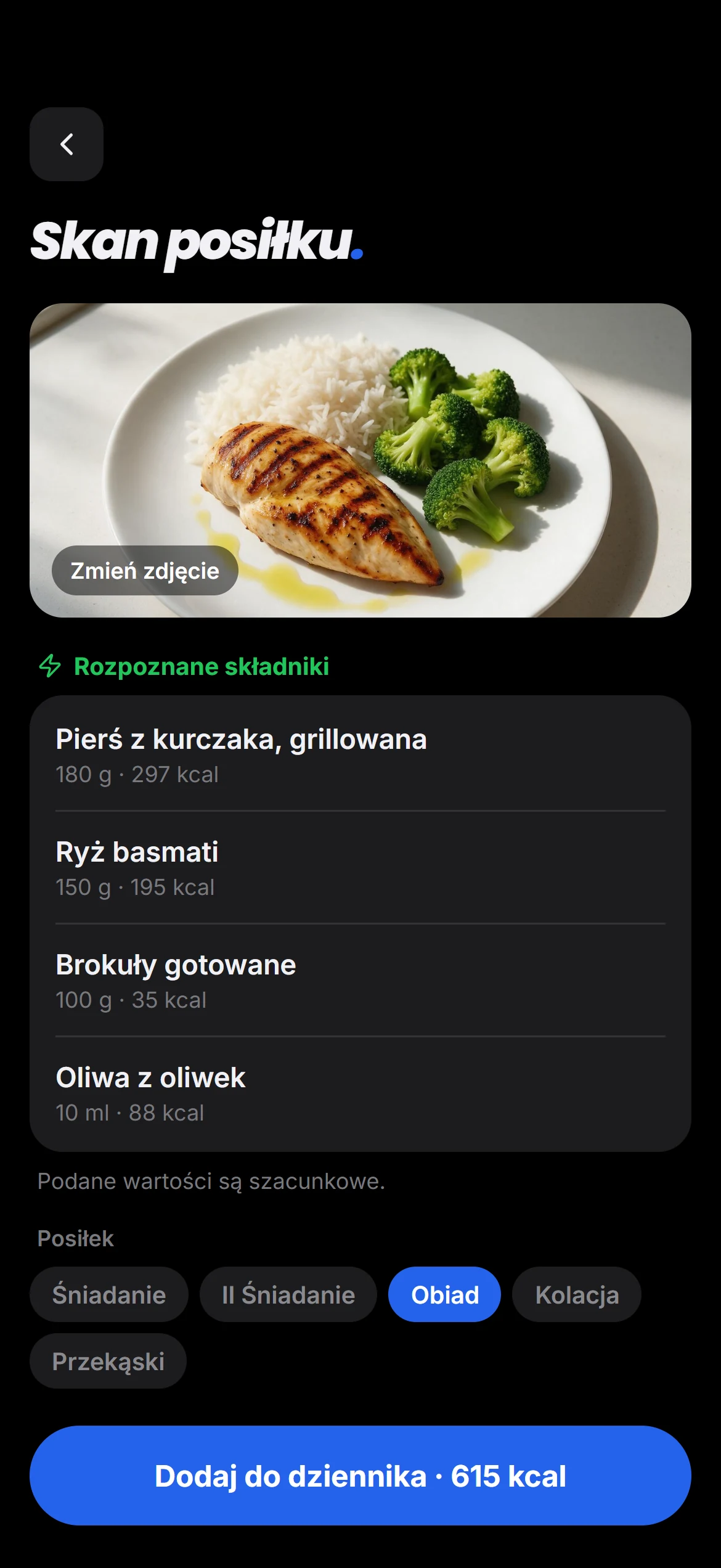 Skan posiłku: rozpoznane składniki z gramaturą i kaloriami