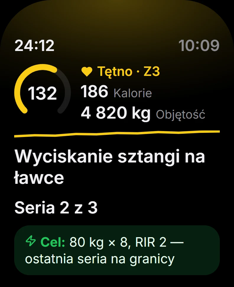 Apple Watch w trakcie treningu siłowego: tętno, kalorie, objętość i cel serii