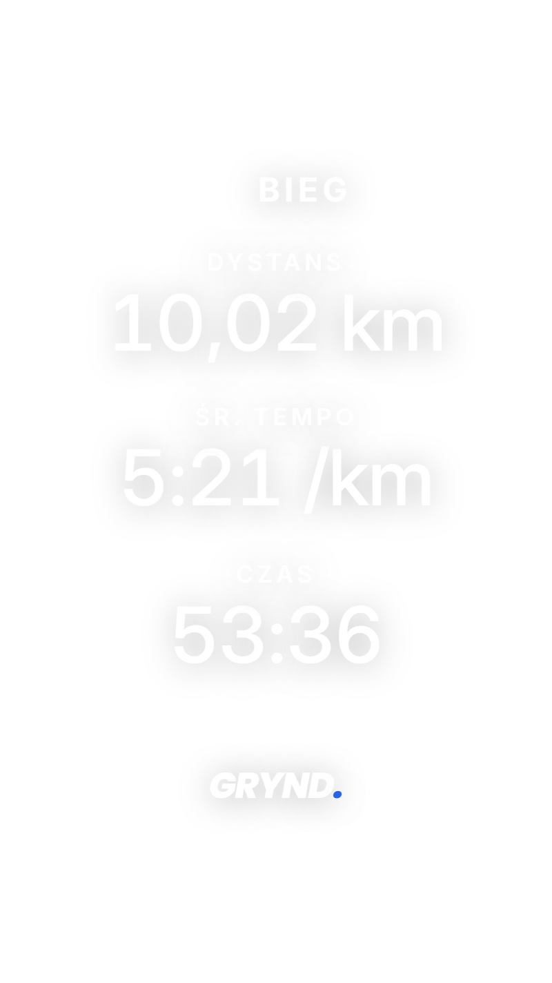 Karta biegu: 10,02 km, średnie tempo 5:21 na kilometr, czas 53:36